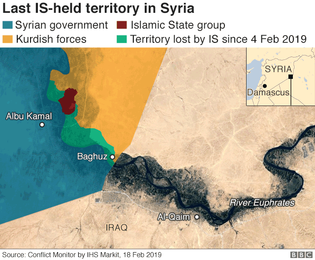 Карта с указанием последней территории, удерживаемой ИС в Сирии (18 февраля 2019 г.)