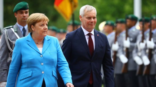 Angela Merkel pictured with Finland Prime Minister Antti Rinne