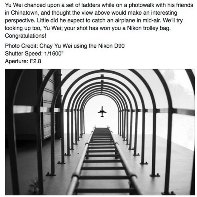 Юй Вэй случайно натолкнулся на несколько лестниц во время фотопрогулки со своими друзьями в китайском квартале и подумал, что вид сверху будет интересным. Он мало что ожидал, чтобы успеть на самолет в воздухе. Мы тоже попробуем посмотреть, Ю Вэй. Ваш выстрел выиграл вам сумку для тележки Nikon.