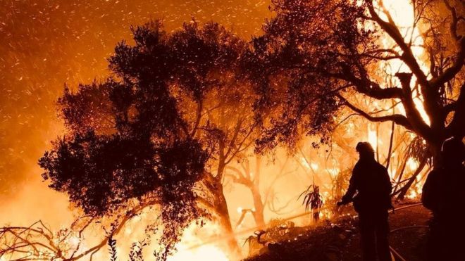 Firefighters knock down flames as they advance on homes in Carpinteria