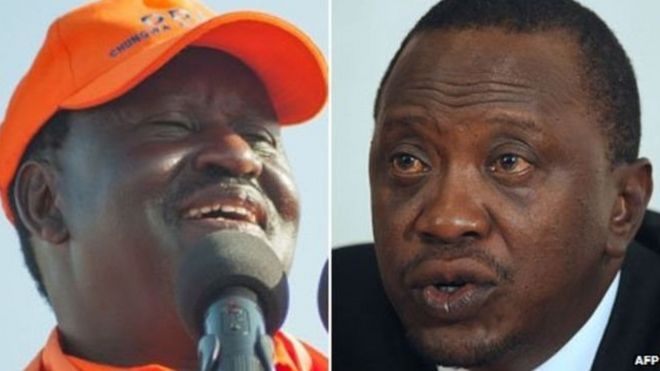 Kiongozi wa upinzani Raila Odinga kushoto na rais Uhuru Kenyatta kulia