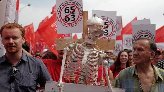 a skeleton is brought on a demonstration against pension reform