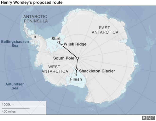 Карта маршрута экспедиции Генри Уорсли в Антарктиде