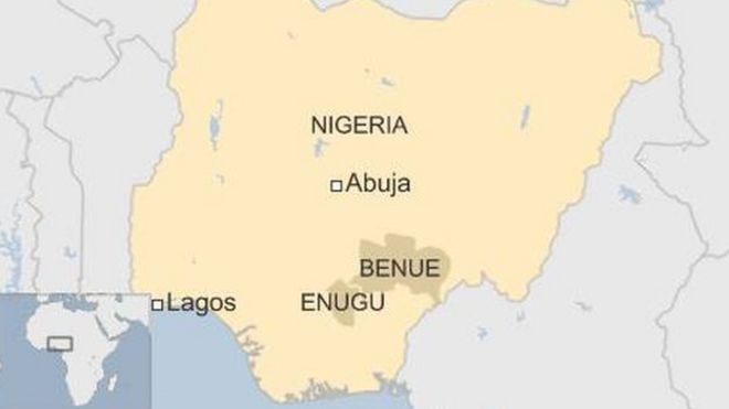 Карта с указанием местоположений штатов Бенуэ и Энугу