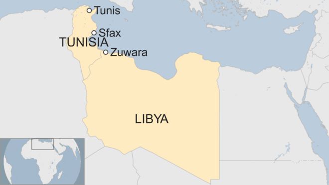 Карта с изображением Ливии, Туниса и месторасположения городов Тунис, Сфакс и Зувара