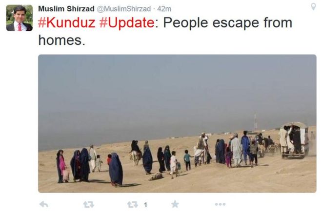 Твиттер от афганского новостного лидера Муслима Ширзада показывает, как жители Кундуза бегут