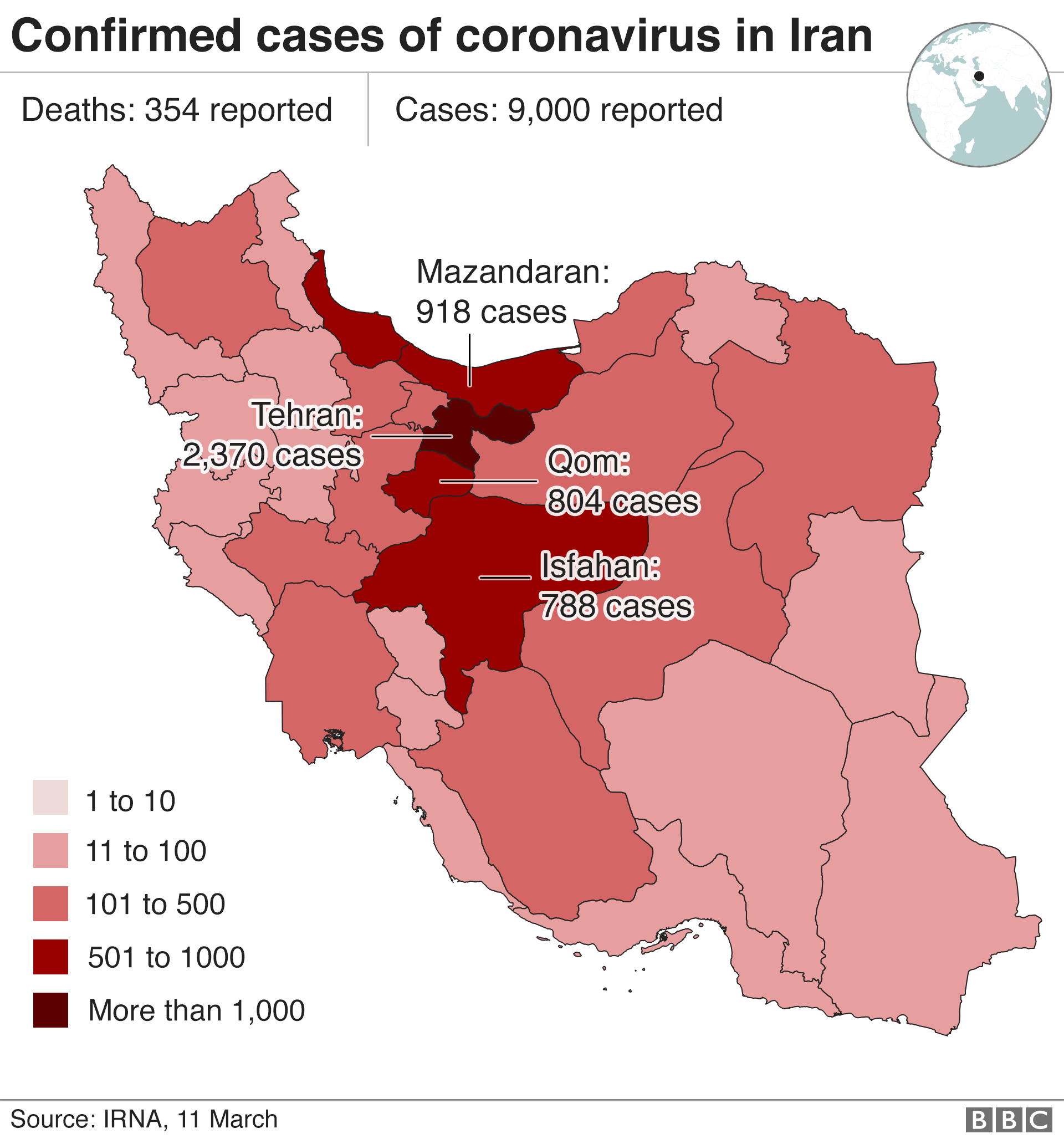 Map showing cases in Iran as of 11 March