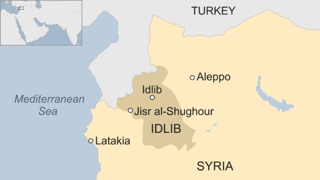 Карта Сирии с изображением провинции Идлиб и Джиср-эш-Шугур