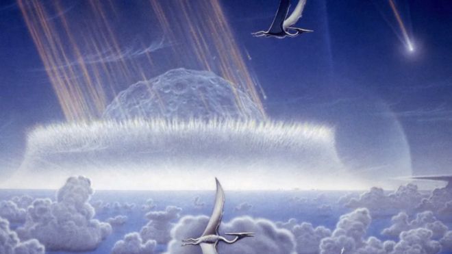 Illustration de dinosaures et d'un astéroïde frappant la Terre