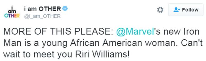 Твит гласит: «БОЛЬШЕ ЭТОГО ПОЖАЛУЙСТА: новый Железный Человек @ Marvel - молодая афроамериканка. Не могу дождаться встречи с вами, Рири Уильямс! & Quot;