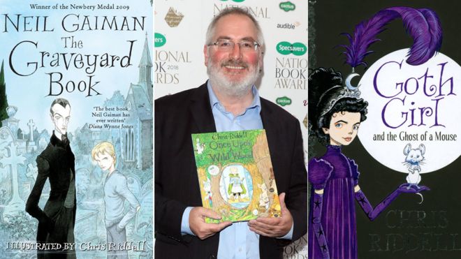 Крис Ридделл между книжными обложками книги Нила Гаймана «Кладбище» и его собственной девушкой-готом и призраком мыши