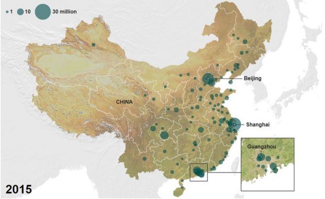 Карта урбанизации Китая в 2015 году