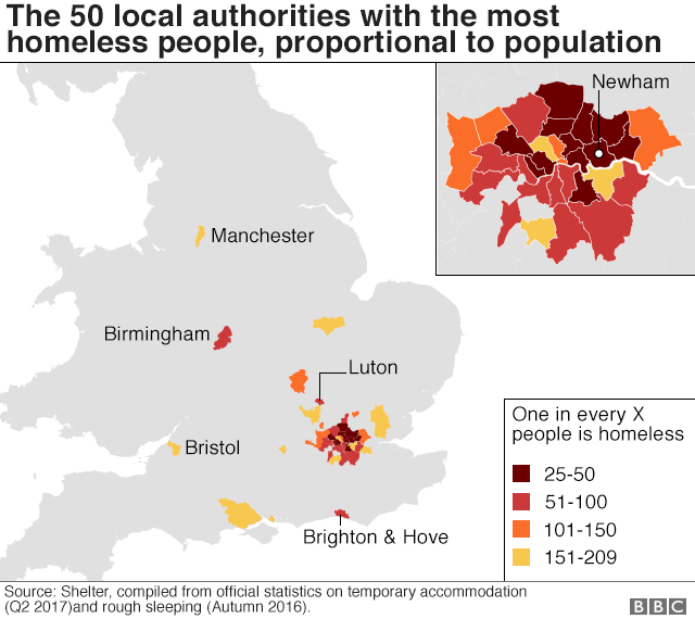 Карта, показывающая горячие точки бездомности в Великобритании
