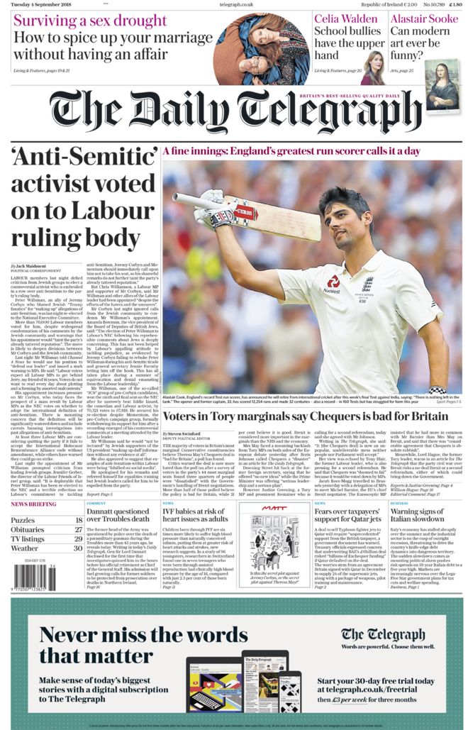 Daily Telegraph front page - 04/09/18