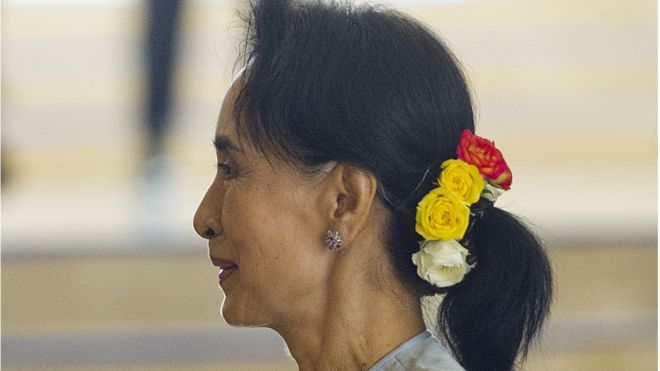 Chairperson of National League for Democracy, Aung San Suu Kyi, arriving for a session of parliament on 1 December