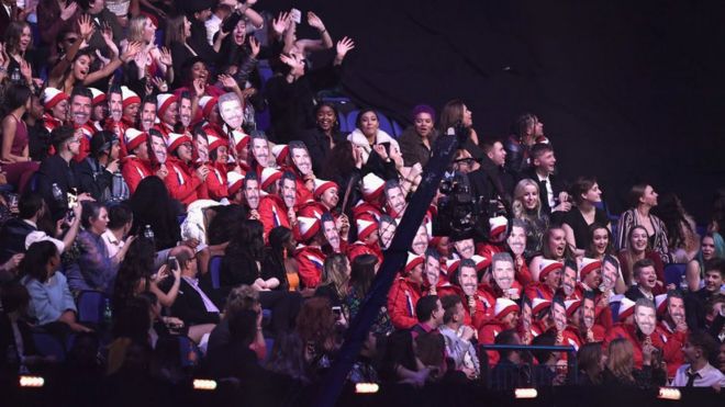 Члены аудитории в масках Саймона Коуэлла на The BRIT Awards