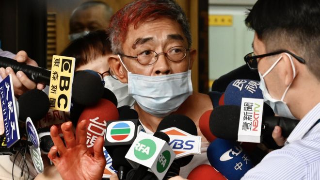 Lam Wing-kee, a bookseller from Hong Kong who in 2015 was detained in China for allegedly bringing banned books into the mainland, speaks to journalists outside the Chungshan Police Station in Taipei on April 21, 2020,