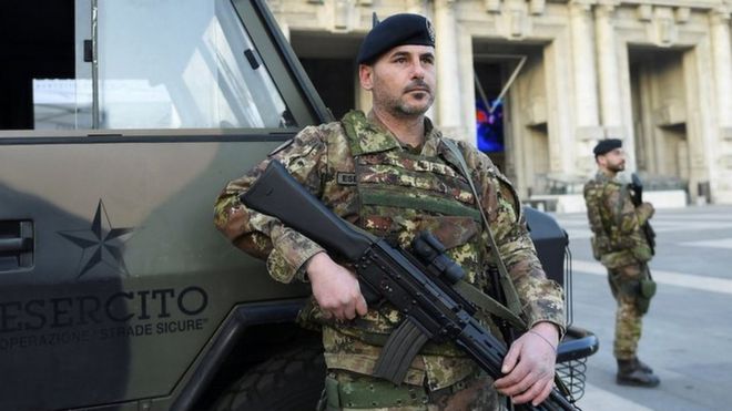 Soldiers patrol the streets in Lombardy