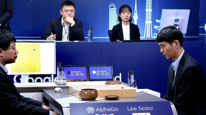 Южнокорейский профессиональный игрок в го Го Ли Се-Дол (R) готовится к своему четвертому матчу с программой Google по искусственному интеллекту AlphaGo во время Google DeepMind Challenge Match