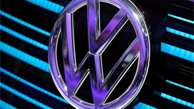 A Volkswagen logo is displayed during the Geneva Motor Show