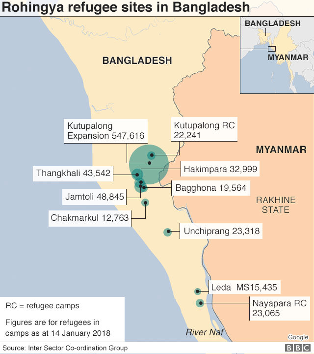 Карта, показывающая поселения беженцев рохингья в Бангладеш по состоянию на январь 2018 года