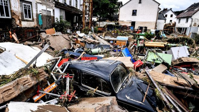 Debris of houses and cars after flooding in Schuld, Germany, on 15 July 2021
