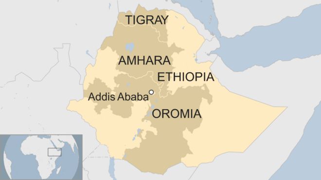 Карта Эфиопии с изображением Тигрея, Амхары и Оромии.