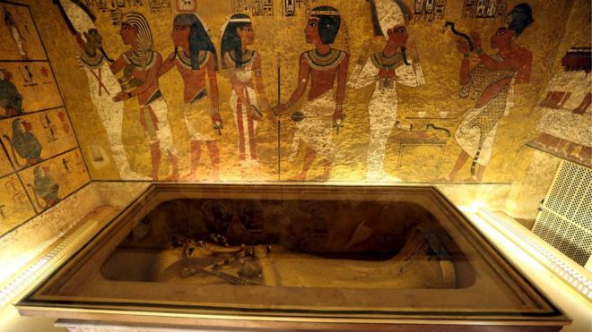 The golden sarcophagus of King Tutankhamun in his burial chamber is seen in the Valley of the Kings, in Luxor, Egypt, November 28, 2015.