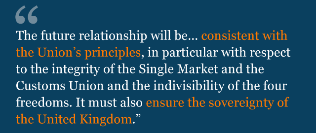 Текст из политической декларации: «Будущие отношения будут ... соответствовать принципам Союза, в частности, в отношении целостности Единого рынка и Таможенного союза и неделимости четырех свобод». Он также должен обеспечить суверенитет Соединенного Королевства.
