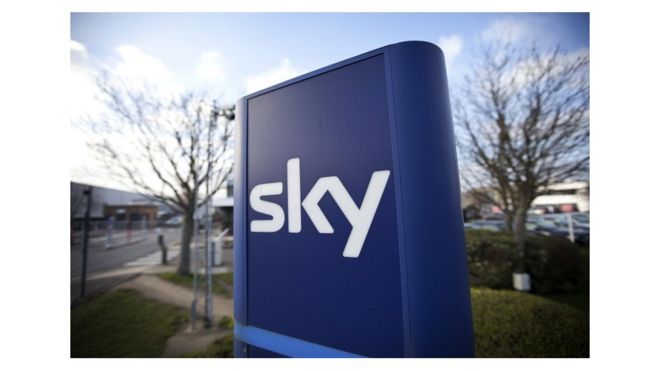 Крупный план логотипа Sky на вывеске возле лондонского офиса