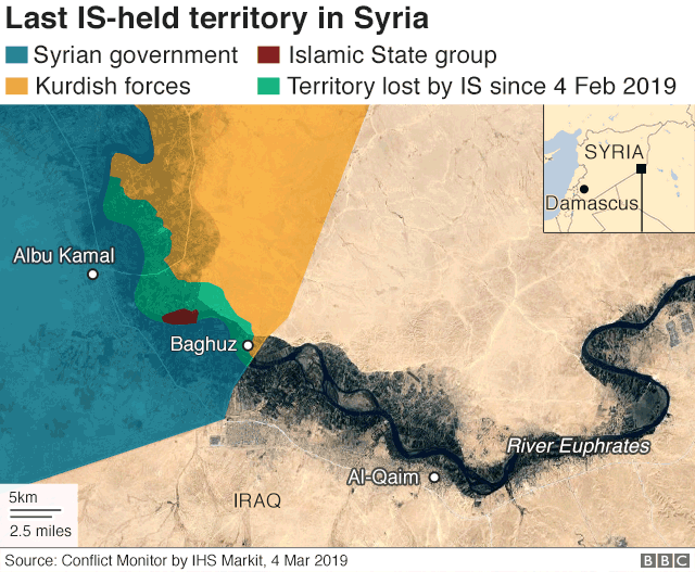 Карта с указанием последней территории, удерживаемой ИС в Сирии (4 марта 2019 года)
