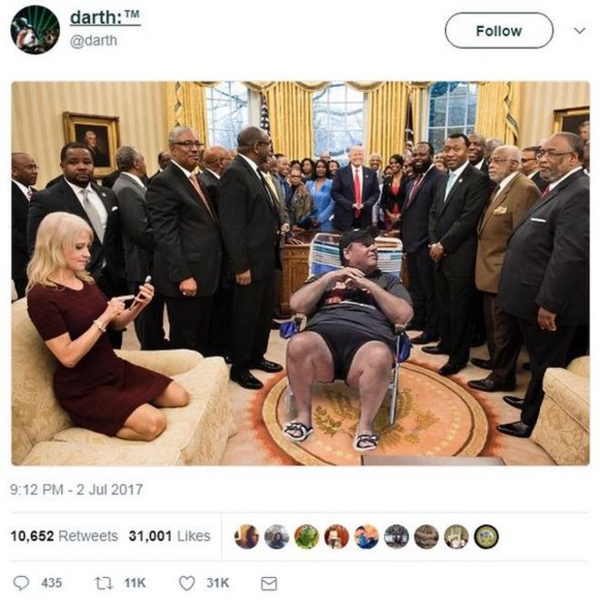 Твит, показывающий шезлонг Криса Кристи, отредактированный на изображении Овального кабинета, с изображением президента Трампа, нескольких глав исторически черных колледжей и Келлианн Конуэй с ее ногами на диване