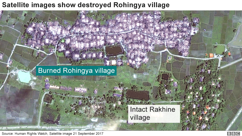Спутниковые снимки показывают, что деревня Рохингья разрушена пожаром