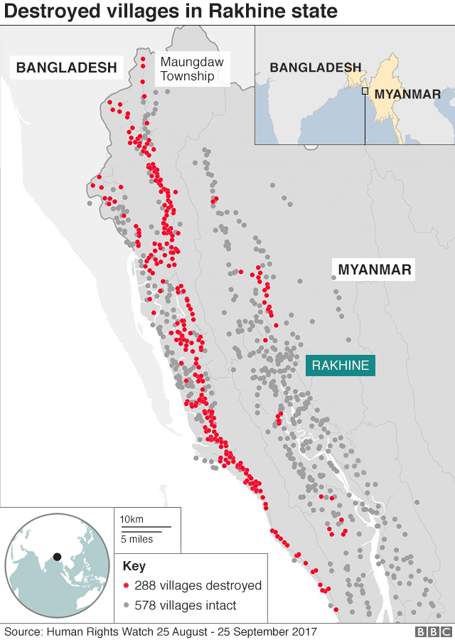 Май показывает деревни рохинджа, разрушенные в августе и сентябре 2017 года