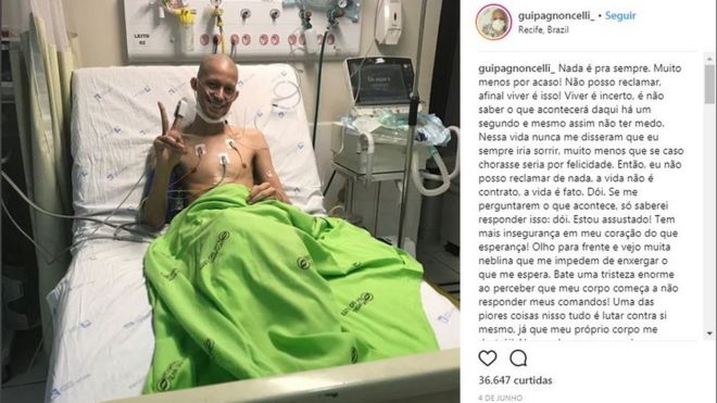 Guilherme Pagnoncelli no hospital, em foto publicada por ele mesmo
