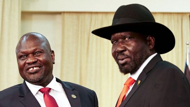 South sudan's ex-vice president and former rebel leader Riek Machar (L) meets with South Sudan's President Salva Kiir at the presidential office in Juba, on October 19, 2019.
