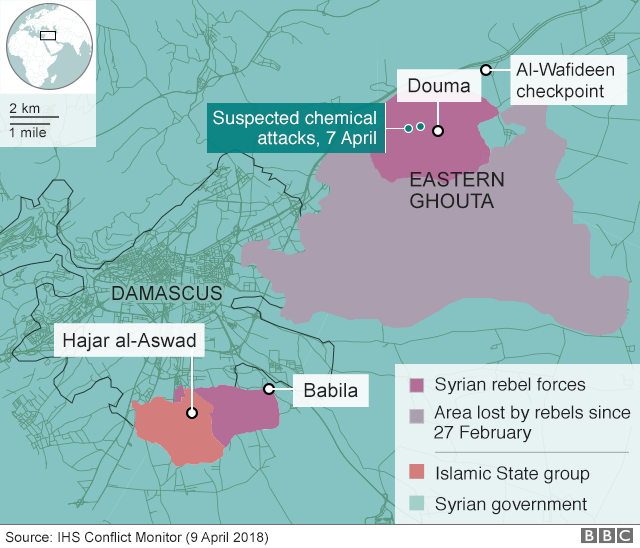 Карта, показывающая контроль над Восточной Гутой, Сирия, и места предполагаемой химической атаки 7 апреля 2018 года