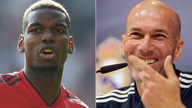 Kiungo wa kati wa Manchester United Paul Pogba na meneja wa Real Madrid Zinedine Zidane