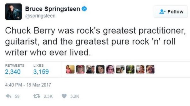 Брюс Спрингстин пишет: Чак Берри был величайшим практиком рока, гитаристом и величайшим писателем чистого рок-н-ролла, который когда-либо жил