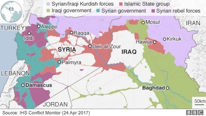 Карта, показывающая контроль над Сирией и Ираком (24 апреля 2017 г.)