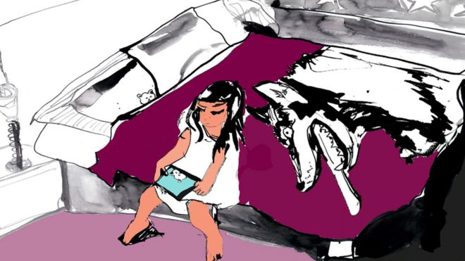 Ilustración de una niña sentada en su cama mientras un lobo la mira. Ilustración de Katie Horwich.