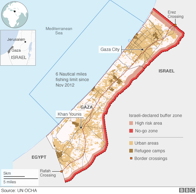 карта сектора Газа с указанием буферной зоны (на суше) и запретной зоны рыболовства в шести милях
