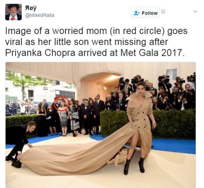 Изображение обеспокоенной мамы (в красном круге) становится вирусным, так как ее маленький сын пропал без вести после того, как Приянка Чопра прибыла на Met Gala 2017.