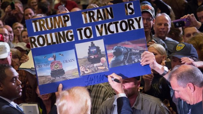 Republican presidential candidate Donald Trump greets supporters following a rally at the Nugget February 23, 2016 in Sparks