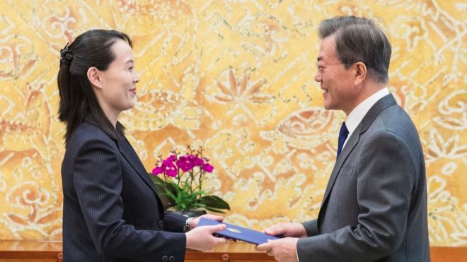 Kim Yo-jong and Moon Jae-in standing opposite each other and smiling in a posed presentation shot