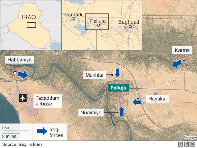 Карта, показывающая движение иракских сил в сторону Фаллуджи (24 мая 2016 года)