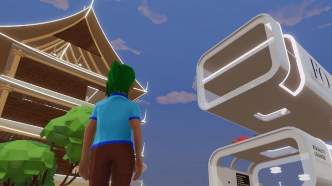 Un avatar mira hacia edificios en e metaverso.