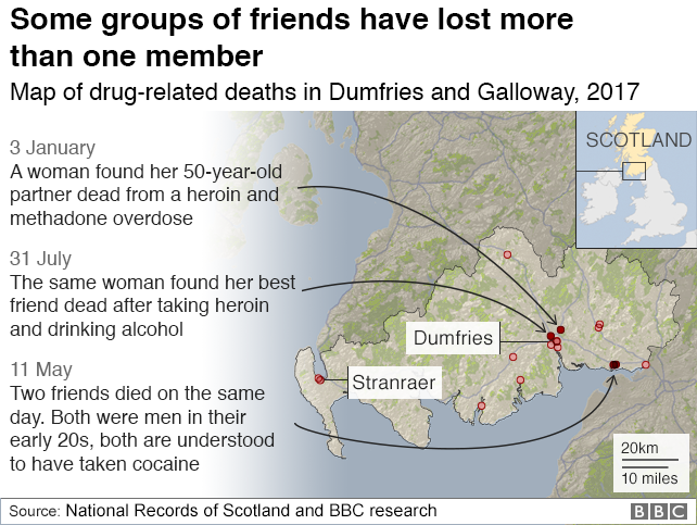 Карта, показывающая связи между смертностью от наркотиков в 2017 году