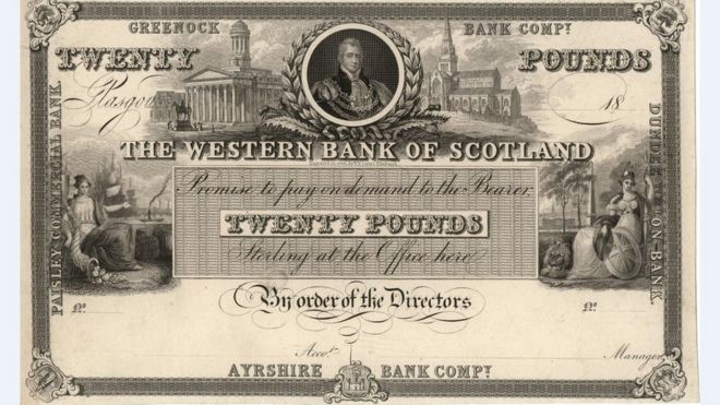Банкнота Western Bank за 20 фунтов с Вильгельмом IV в его полном царственном великолепии. Выгравировано Уильямом Хоумом Лизарсом