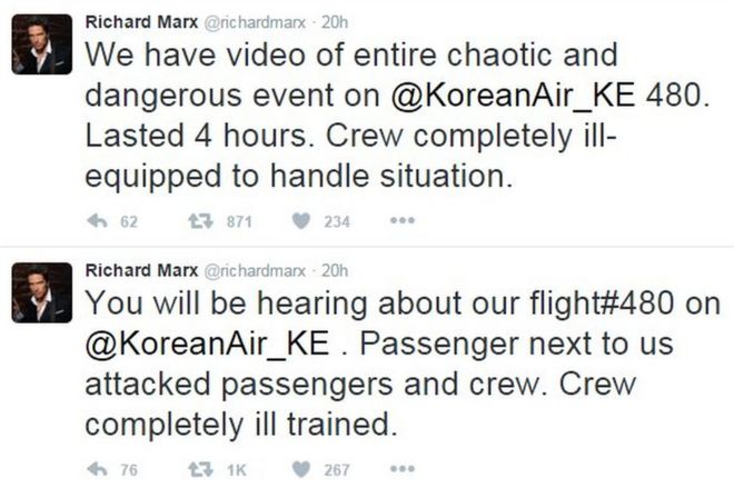 Скриншот сообщения Ричарда Маркса о покорении пассажира рейсом Korean Air